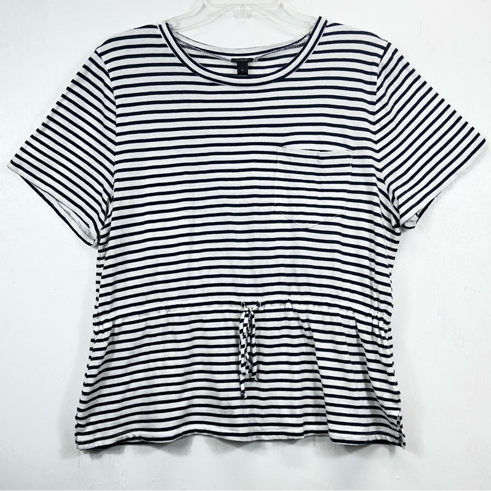 J. Crew cinch tie waist Shirt Striped dark blue and White short sleeve w/ pocket